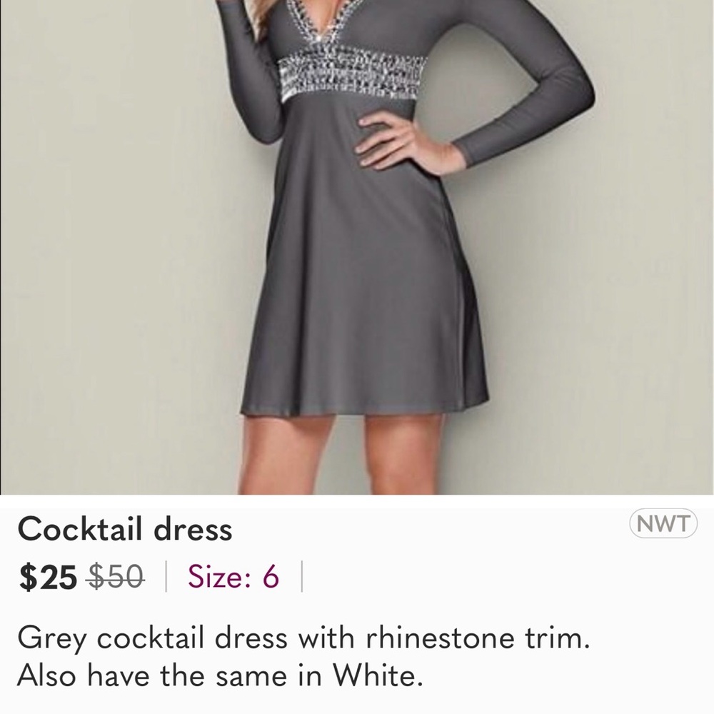 Silver cocktail dress.  Vneck rhinestone trim.
